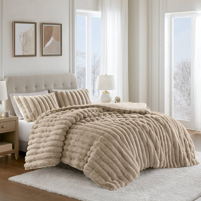 Jasmine - 3 Piece Full/Queen Ultrasoft Ribbed Comforter Set - Taupe - Simple Home Plus