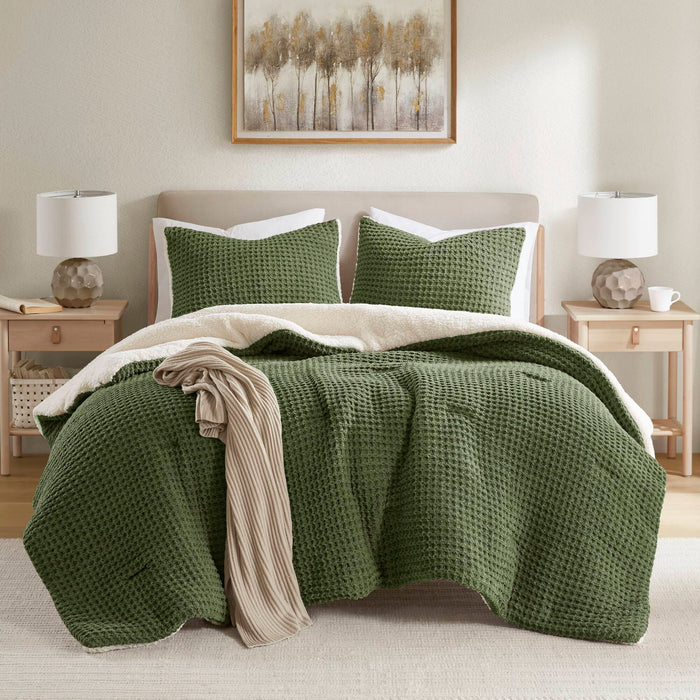 Riordan - King/California King Waffle Knit Comforter Set - Olive - Simple Home Plus