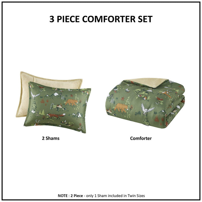 Heath - Forest Animals Plush Reversible Twin Comforter Set - Green - Simple Home Plus