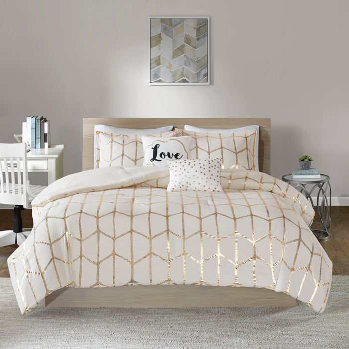 Raina - Brushed Microfiber Printed Comforter Set - Gold / Ivory - Simple Home Plus