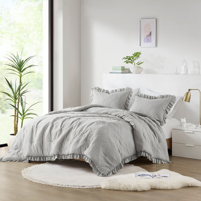Phoebe - Twin/Twin Long Diamond Quilted Ruffle Edge Comforter Set - Gray
