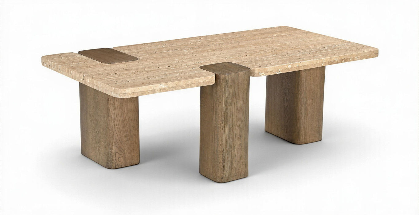 Ravenna - Genuine Fabric Travertine And Oak Wood Table - Simple Home Plus