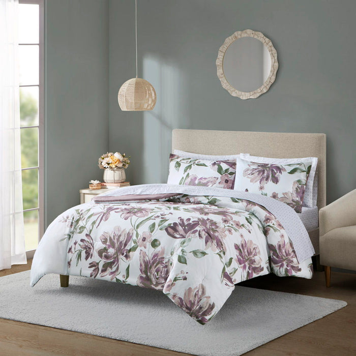 Alice - Queen Floral Comforter Set With Bed Sheets - Mauve - Simple Home Plus