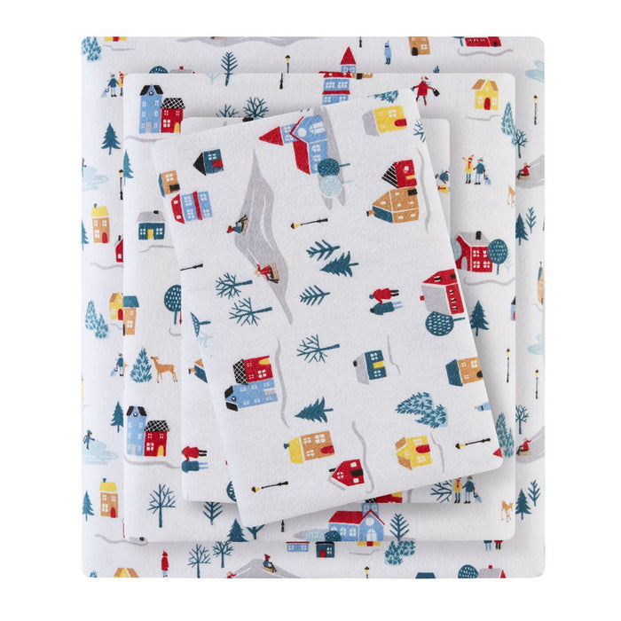Cozy Flannel - 4 Piece King Printed Sheet Set - White Village Print - Simple Home Plus