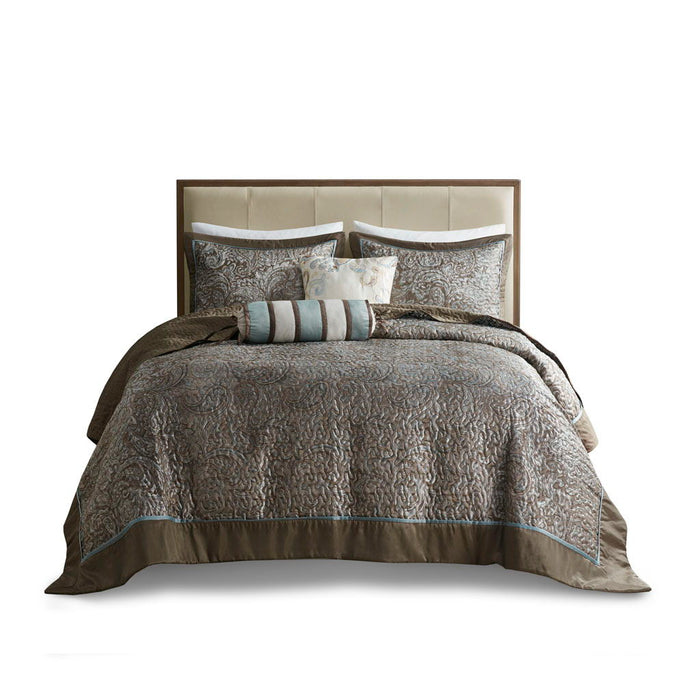 Aubrey - King 5 Piece Reversible Bedspread Set - Blue / Brown