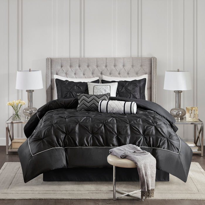 Laurel - Pieced Pleated 7 Piece Tufted Comforter Set - Black - Simple Home Plus