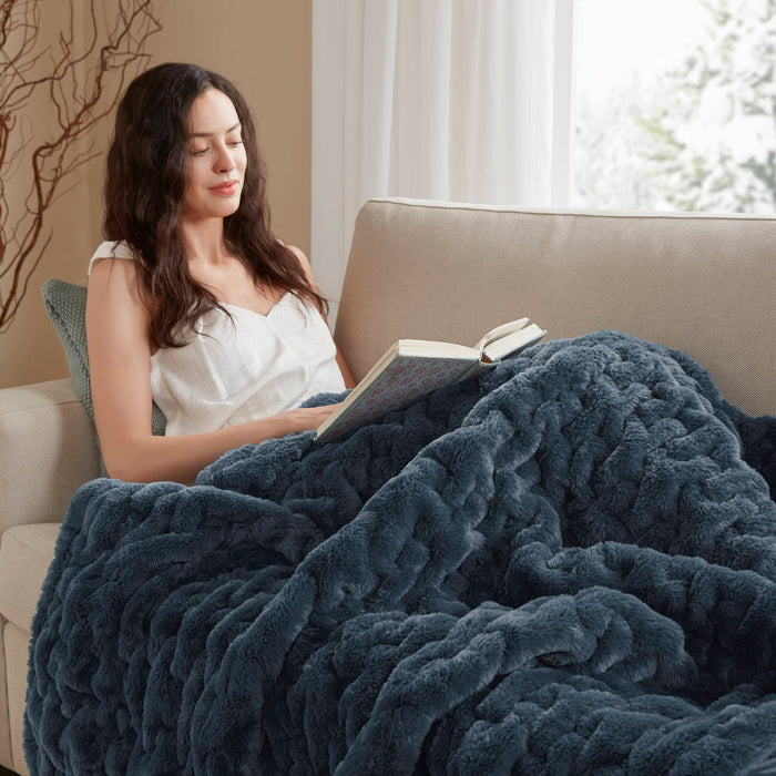 Ruched Fur - Throw - Slate Blue - Simple Home Plus
