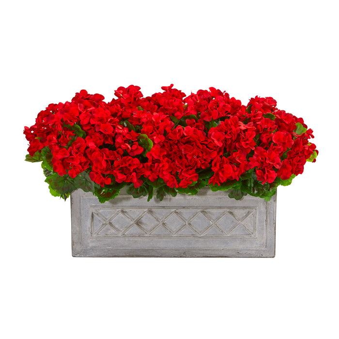 Geranium Artificial Plant in Stone Planter UV Resist Red