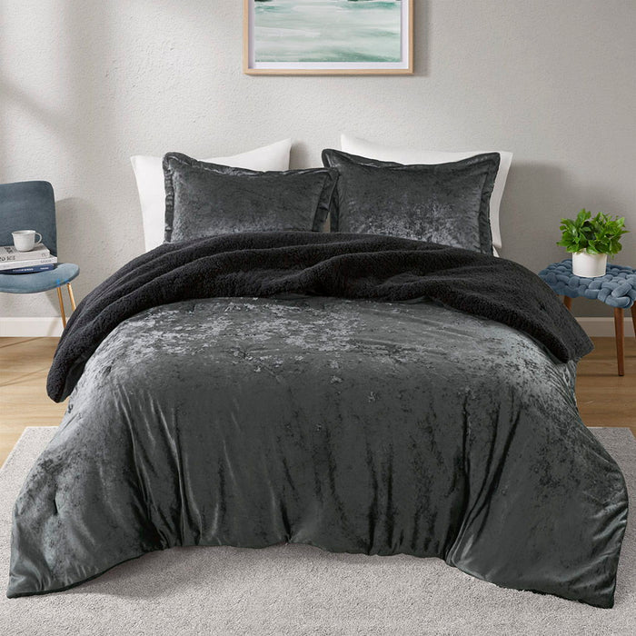 Mira - 3 Piece Full/Queen Crushed Velvet Sherpa Reversible Comforter Set - Charcoal - Simple Home Plus