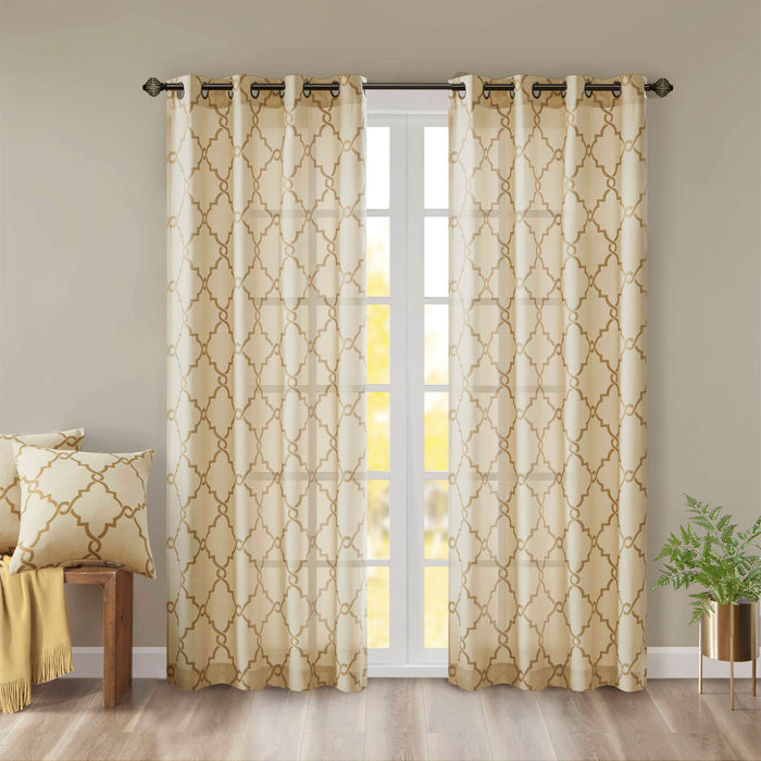 Saratoga - Fretwork Print Grommet Top Window Curtain - Beige / Gold - Simple Home Plus