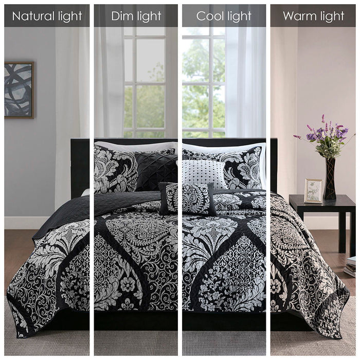 Vienna - 6 Piece King Printed Cotton Quilt Set With Throw Pillows - Black - Simple Home Plus