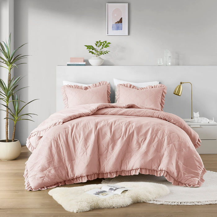 Phoebe - Twin/Twin Long Diamond Quilted Ruffle Edge Comforter Set - Blush - Simple Home Plus