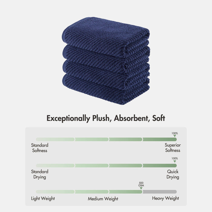 Diagonal Ribbed - 4 Piece Hand Towels Set - Navy - Simple Home Plus