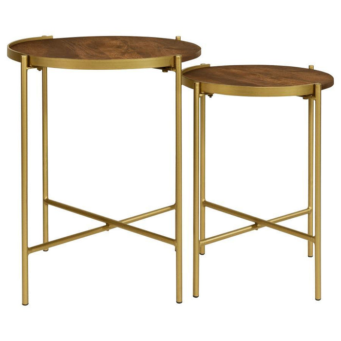 Malka - 2 Piece Round Wood Nesting Table - Dark Brown And Gold - Simple Home Plus