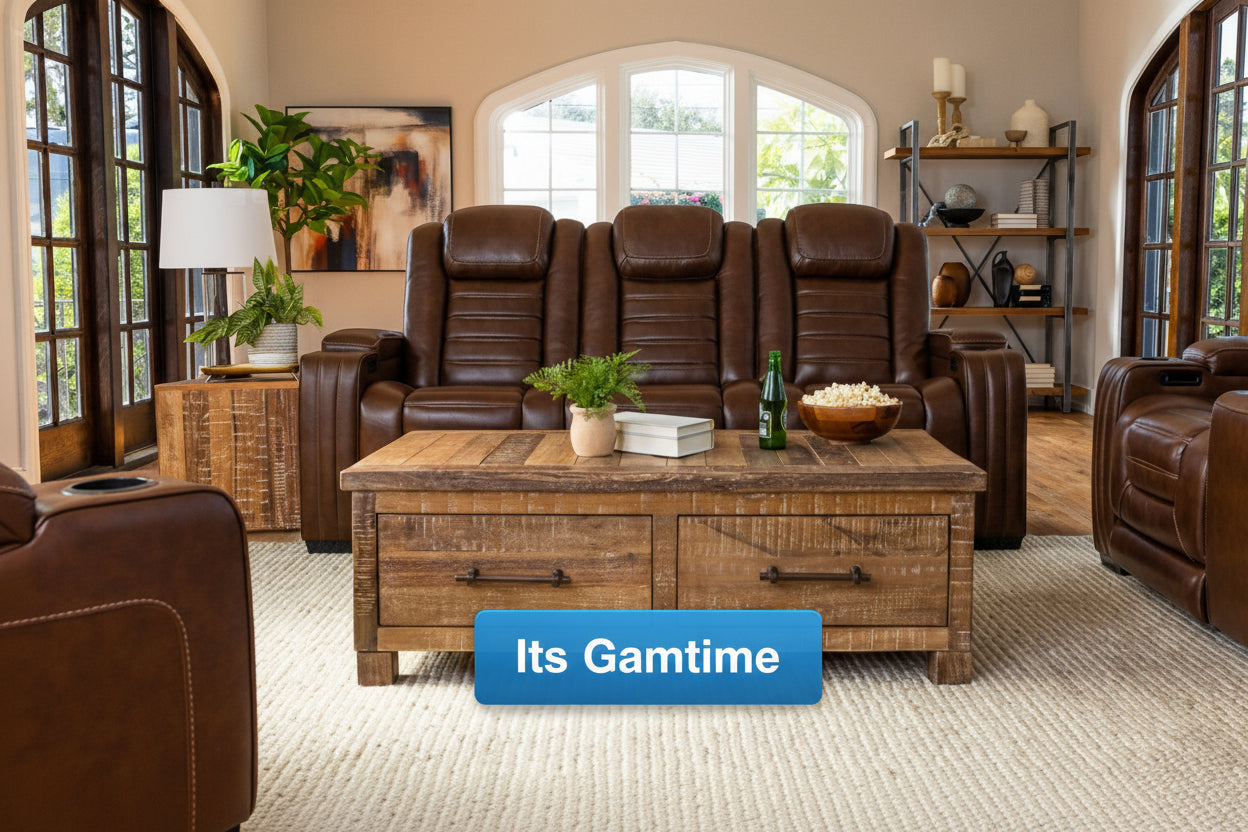 Cozy living room with brown leather recliners and a wooden coffee table.