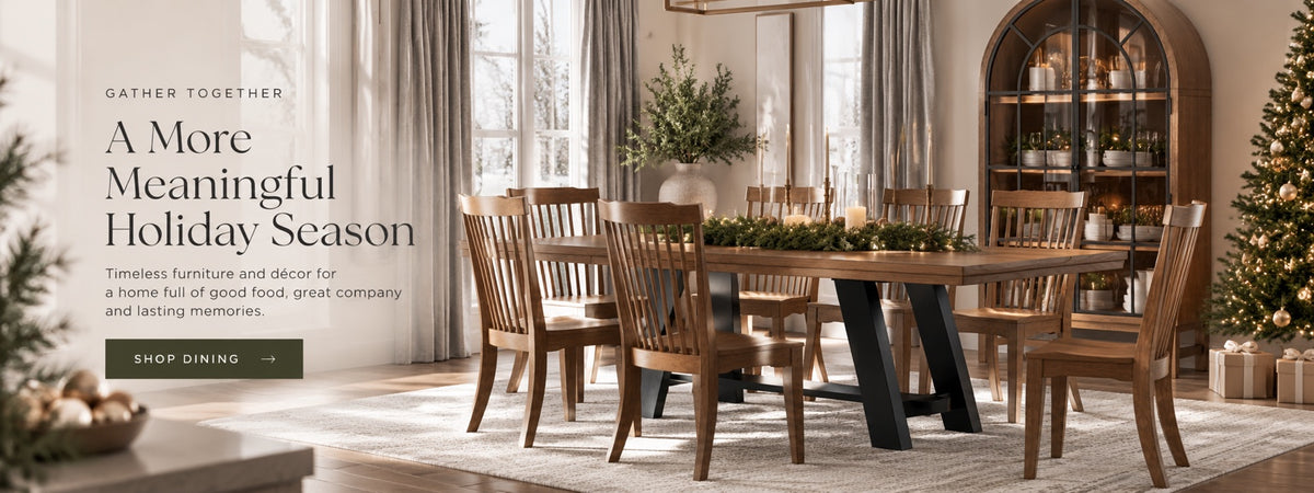 Holiday dining room with A More Meaningful Holiday Season headline and Shop Dining call to action