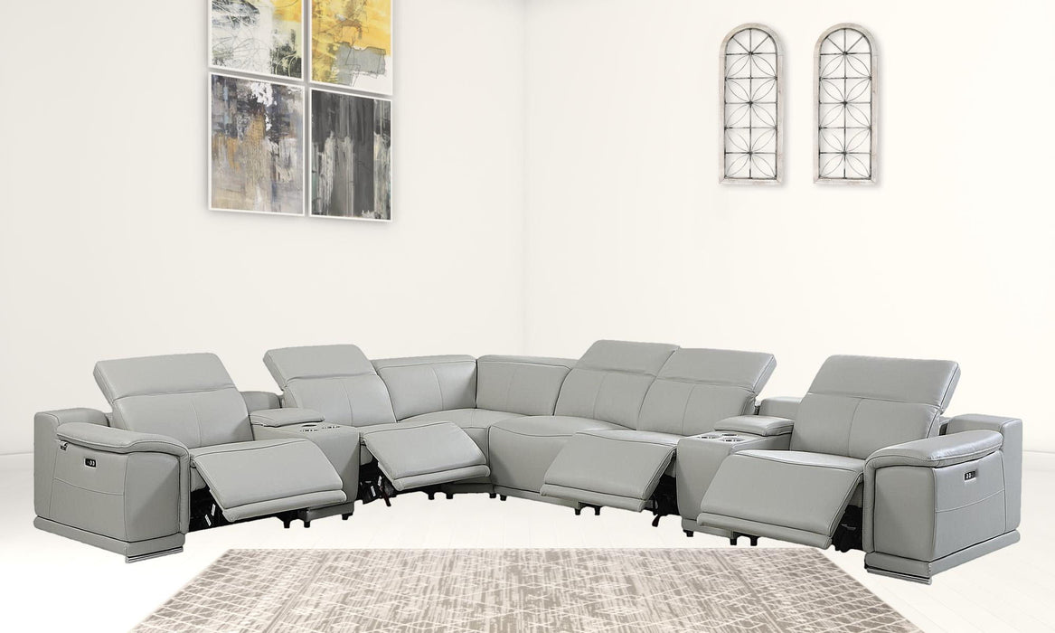 Leather Power Recline L Shape Eight Piece Corner Sectional With Console - Italian Light Gray