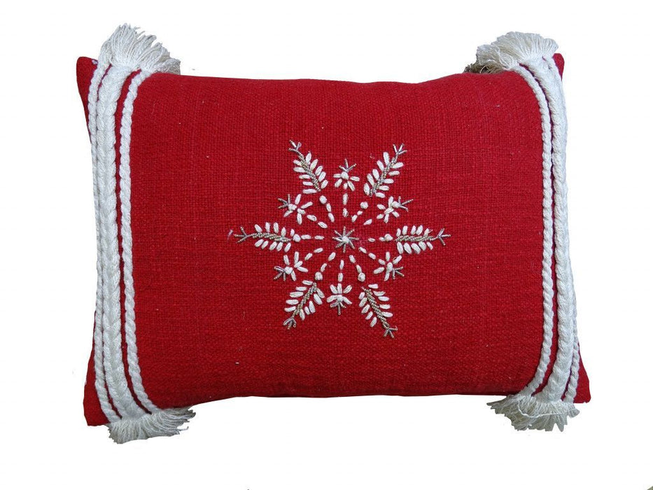 14"Lx20"D Zippered Cotton Blend Christmas Snowflakes Throw Pillow With Embroidery - Red