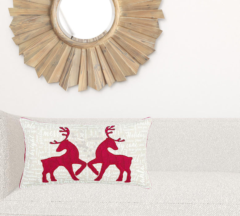 Christmas Deer Lumbar Throw Pillow - Cream And Red