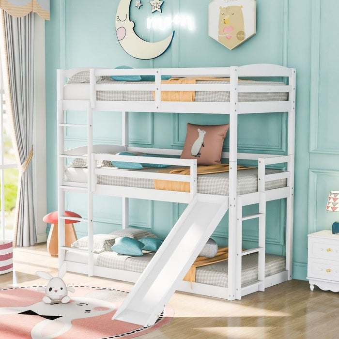 Triple Bunk Twin Sized Bed with Slide - White