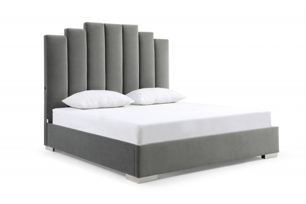 Queen Upholstered Vertical Channel Velvet Bed with USB - Gray