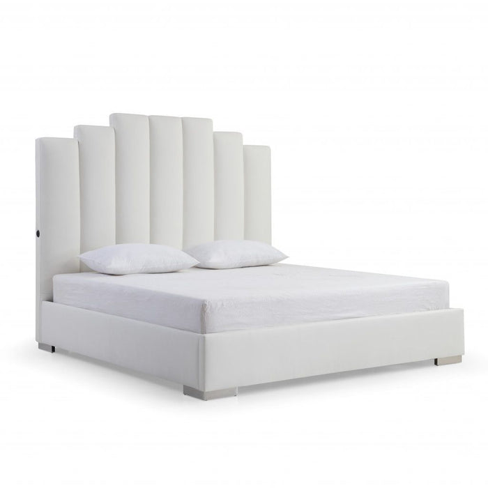 King Upholstered Vertical Channel Faux Leather Bed With USB - White