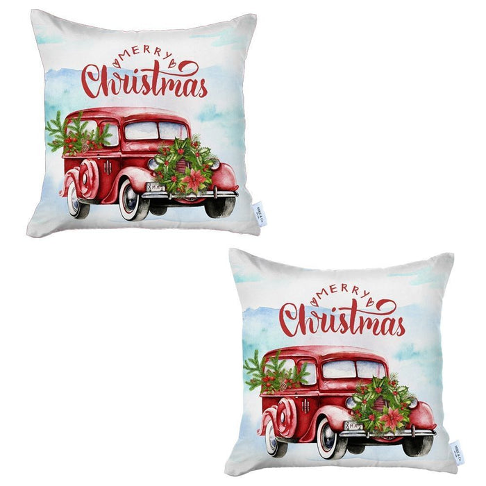 Merry Christmas Vintage Red Car Thow Pillow Covers (Set of 2)