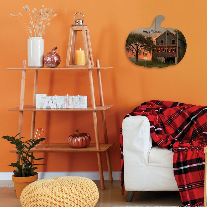 Happy Halloween Pumpkin Shaped Wood Print Wall Art - Tan