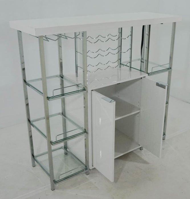 Gallimore - 2-Door Bar Cabinet With Glass Shelf - High Glossy White And Chrome