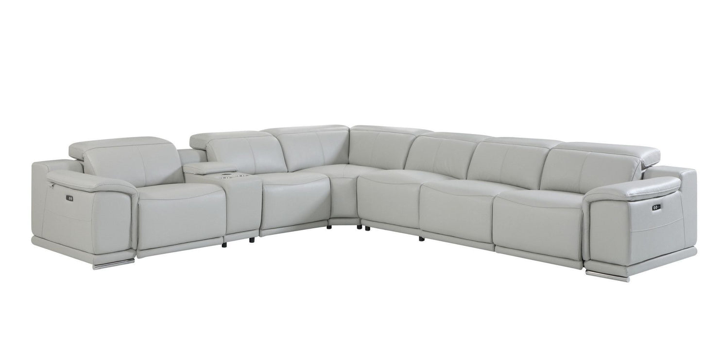 Italian Leather Power Recline L Shape Seven Piece Corner Sectional With Console - Italian Gray
