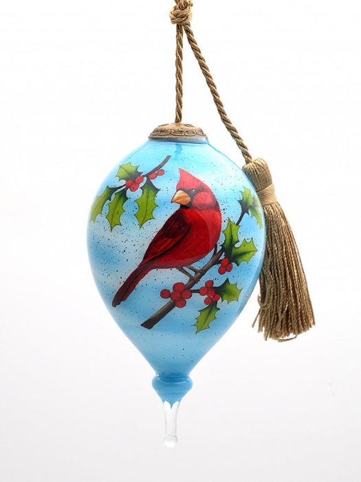 Red Cardinal On Christmas Holly Branches Hand Painted Mouth Blown Glass Ornament