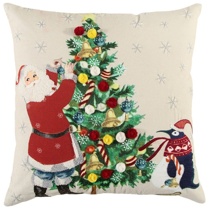 Vintage Santa And Penguin Christmas Throw Pillow - Ivory